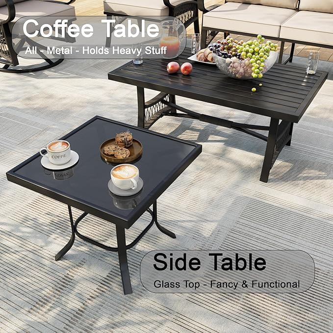 6 Pieces Patio Furniture Set, Metal Outdoor Conversation Sets with Swivel Chairs, Modern Couch Sofa Seating Group with Coffee Table and Side Table (Thick Beige Cushions)