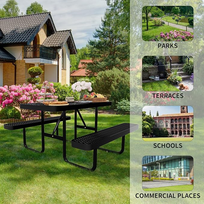 Picnic Tables for Outdoors,Commercial Metal Picnic Table Bench Set with Umbrella Hole,School Canteen Tables W/Seats - Heavy Duty Sturdy Picnic Tables Furniture for Patio Garden (Black, 4FT)