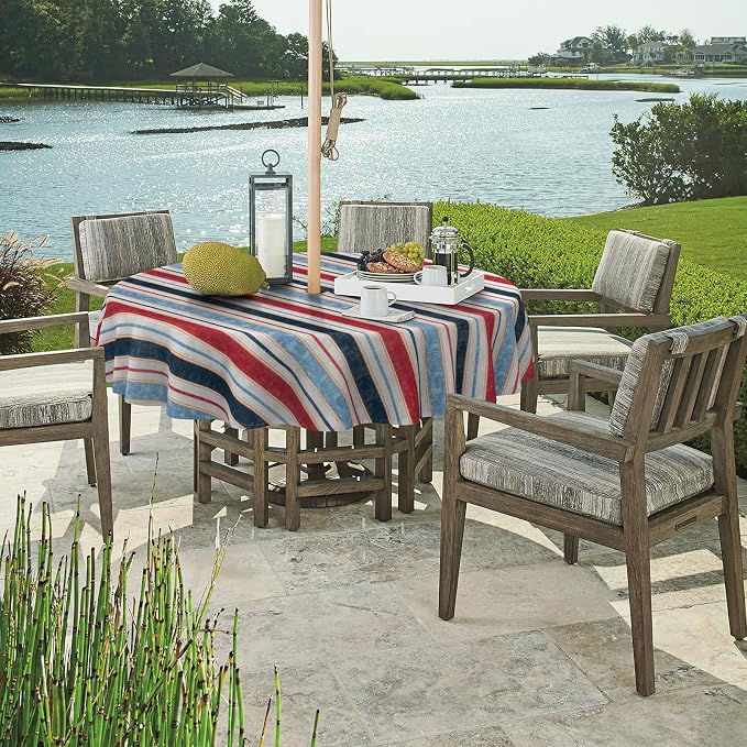DYTXIII Outdoor Round Tablecloth with Umbrella Hole 60 Inch, Water Repellent & Fade Resistant Table Cover, All Weather Outdoor Tablecloth for Garden & Party Table, Stripe Red Blue