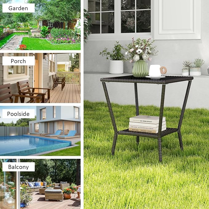 Kinfant Rattan Patio Side Table - Modern Wicker End Table, PE Rattan Coffee Table with Glass Top, Weather-Resistant Patio Furniture for Patio, Balcony, Garden, and Poolside (1, Black Brown)