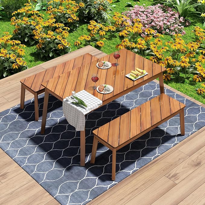 LUMISOL 3 Pieces Acacia Wood Table Bench Dining Set for Outdoor Indoor, Patio Dining Table with 2 Benches, Picnic Beer Table for Patio Porch Garden Poolside, Natural