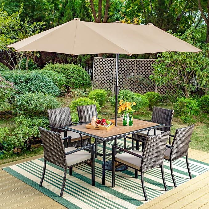 Sophia & William 7 Pieces Patio Dining Set with 13 ft Beige Double-Sided Umbrella, Outdoor Rattan Chairs & Metal and PVC Table Set with Cushion and 1.57" Umbrella Hole for Terrace Backyard Porch