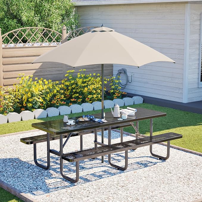 96" Heavy Duty Metal Picnic Table for 10 People, Outdoor Dining with Umbrella Hole, Galvanized Steel Rustproof Frame 882LBS Capacity, Mesh Top for Garden Patio Camping, Black