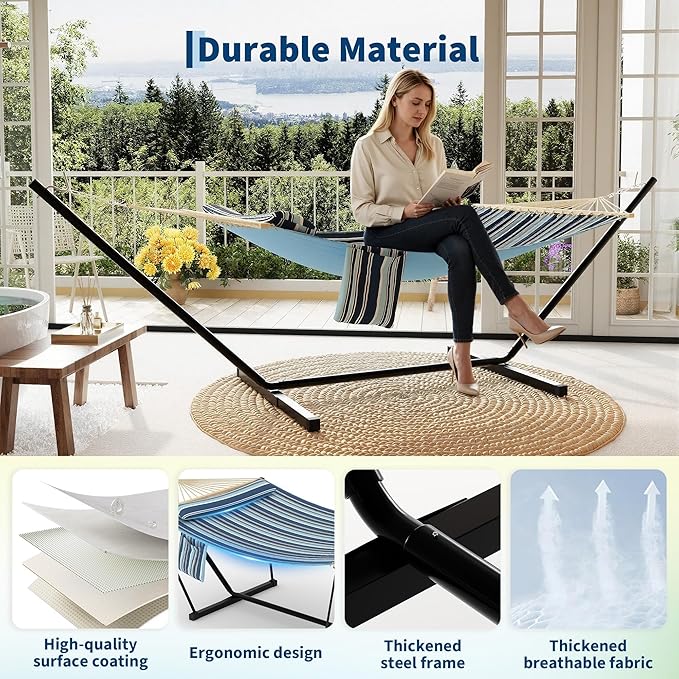 GarveeLife Outdoor Double Hammock with Heavy Duty Adjustable Steel Stand, Portable 2 Person Hammock for Patio Garden Beach Backyard