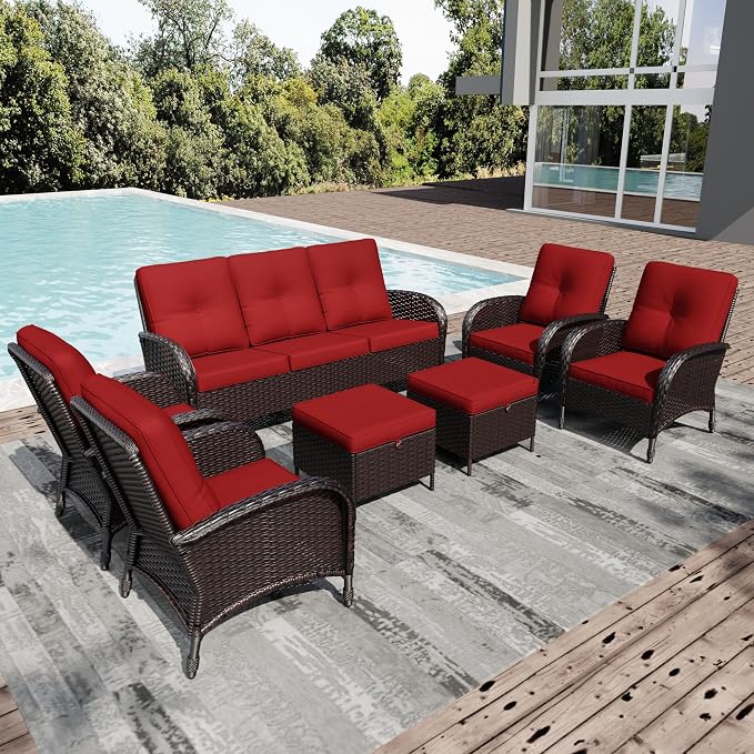 Joyside Wicker Patio Furniture Set, 8 Piece Outdoor Furniture Set with Thickened Cushions, High Back, Deep Seating, Wide Armrest, Outdoor Swivel Rocker Chairs for Porch, Deck