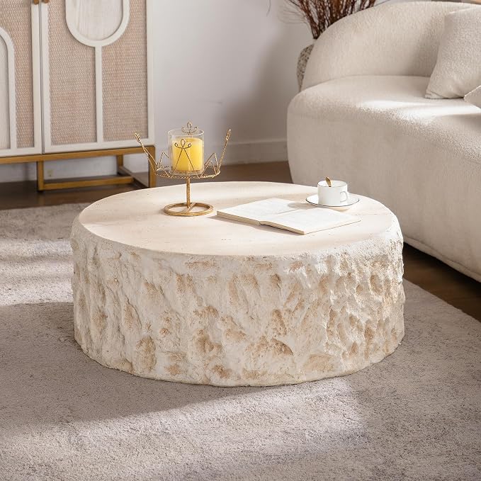 Round Coffee Table for Living Room Outdoor Faux Stone Coffee Table Amber Travertine Concrete Pattern, 31.49" Modern Faux Marble Center Tables Tea Tables, No Need Assemble, Beige