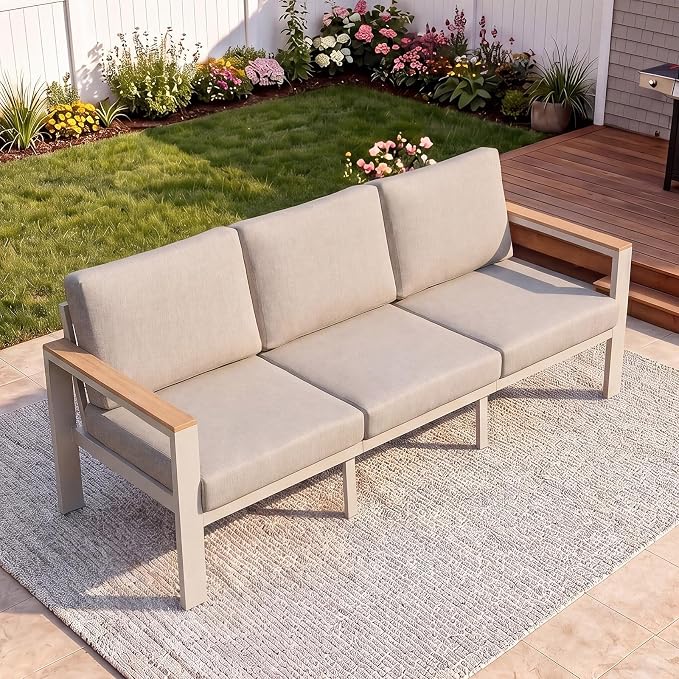 7-Seater Beige Aluminum Patio Conversation Set, Outdoor Sectional Sofa Set with Coffee Table, 1.5mm Thick Powder-Coated Frame, Weather Resistant Outdoor Furniture with Washable Waterproof Cushions