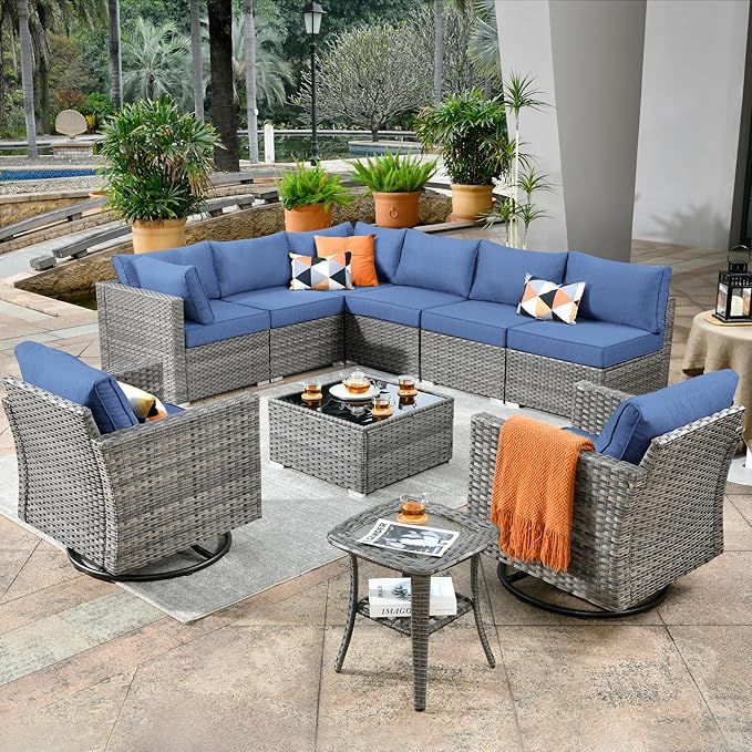 ovios Outdoor 10 Piece Coversation Set with Swivel Rocking Chair,Sectional Patio Furniture Set with All-Weather Wicker Sofa,Modern Outside Couch for Balcony Backyard Pool, Blue