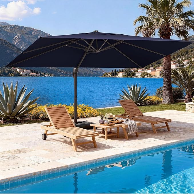 9' X 12' Cantilever Patio Umbrella Rectangle Outdoor Umbrella, 6-Level Tilt & 360° Rotation Offset Umbrella for Garden, Deck, Pool (Navy Blue)