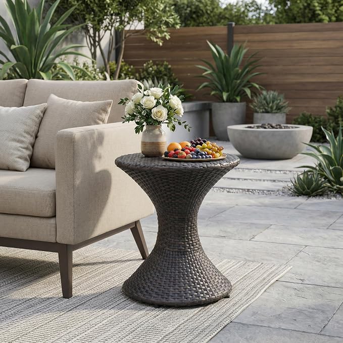 Outdoor Wicker Side Table, Hourglass Shape, Brown