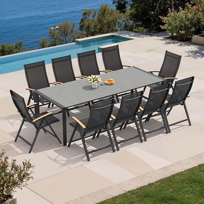 11-Piece Patio Dining Set, 95in Aluminum Outdoor Table with 10 Chairs | Adjustable Reclining Back& WPC Tabletop with Umbrella Hole for Garden Backyard Porch, Grey