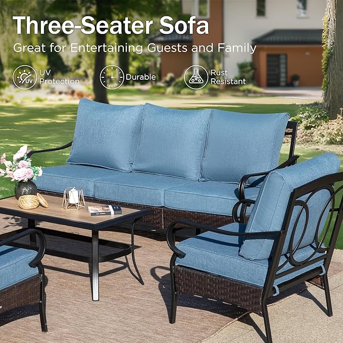 PHI VILLA Outdoor Modern Patio Furniture Set, Upgraded Wicker & Metal Patio Conversation Set with Waterproof Thick Cushions for Porch, Poolside, Yard (4 Pieces,Navy)