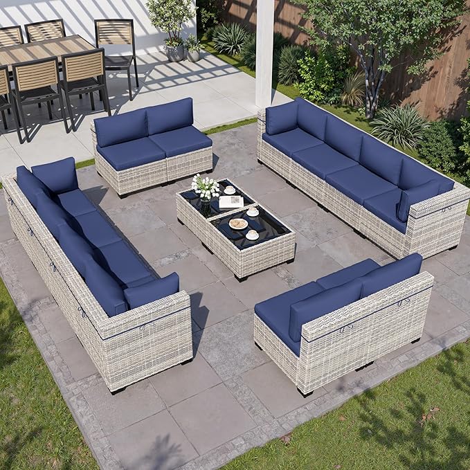 14-Piece Outdoor Patio Furniture Set, PE Wicker Rattan Sectional Sofa Conversation Set with Tempered Glass Table & Thick Cushions - All-Weather Garden, Backyard Furniture, Navy Blue