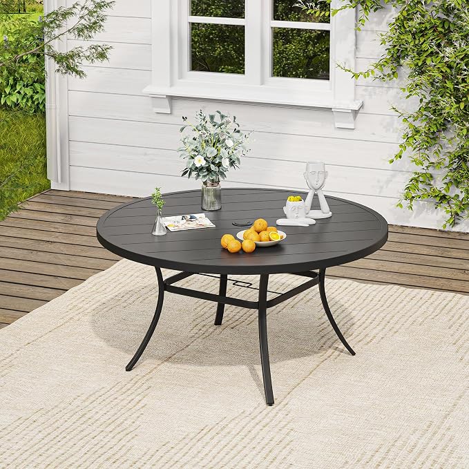 VICLLAX 9 Pieces Patio Dining Set, 8 Stakable Wicker Outdoor Chairs and 53" Patio Round Metal Table with Umbrella Hole for Backyard Lawn Deck, Black Tabletop