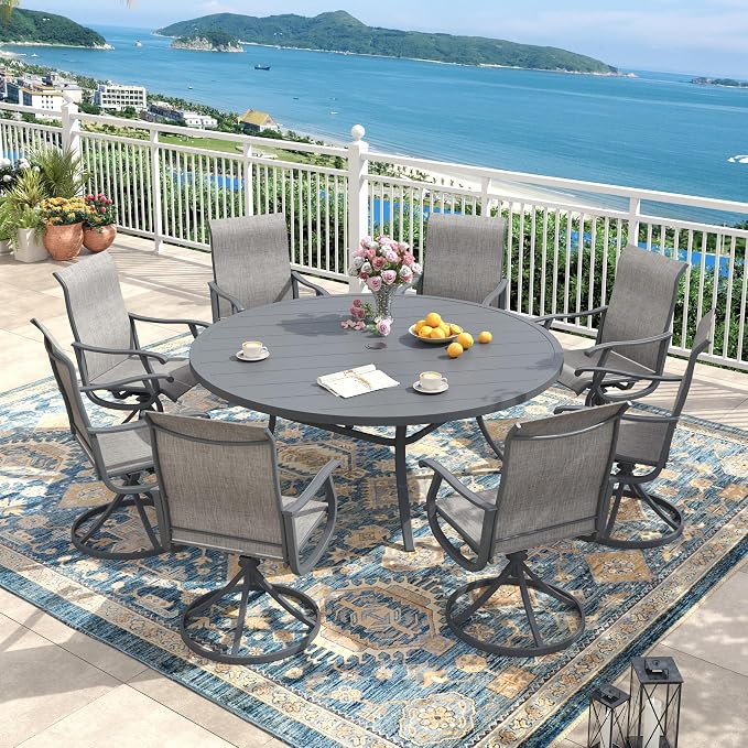 Outdoor Dining Set for 8, 60" Metal Round Outdoor Dining Table with Umbrella Hole and Sling Patio Swivel Chairs, 9 Pieces Patio Table and Chairs Set for Garden Backyard, Grey and Dark Grey