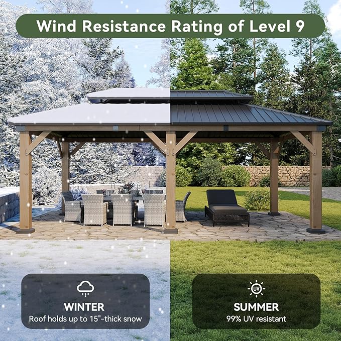 Aoxun 12' x 20' Outdoor Wood Gazebo, Hardtop Gazebo Permanent Wooden Pavilion with Galvanized Steel Double Roof, for Patio, Garden, Yard, Cedar Wood, Grey