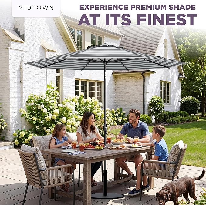 The Swilt 10 Feet Outdoor Umbrella With Terylast Matter Stripes (Grey/White) Polyester Fabric - Fiberglass Ribs, Auto-Tilt And Swivel Aluminum Frame Patio Umbrella For Deck, Garden, Pool - Black Pole