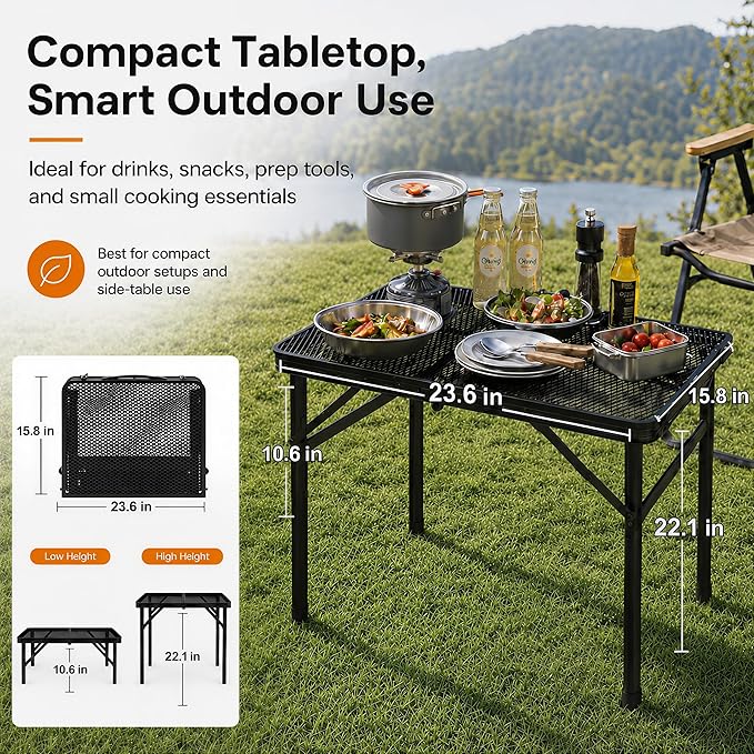 Folding Grill Table Camping Table with Mesh Desktop, Lightweight & Portable Outdoor Picnic Table, Height Adjustable Portable for Outside Inside Use