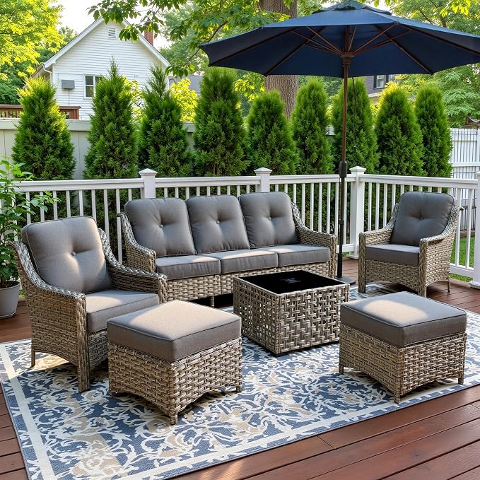 6 Piece Patio Furniture Set with Solar Lights Coffee Table, Outdoor Wicker High Back Sofa Chairs Ottomans with Cushions, All Weather Conversation Set for Backyard Porch Deck, Dark Gray