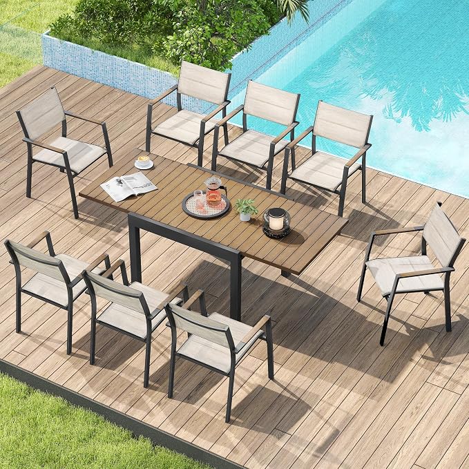9 Piece Outdoor Dining Set, Expandable Outdoor Patio Dining Table Set for 6-8 Person, Aluminum Outdoor Table and 8 Chairs with Textilene Fabric & Armrest for Patio, Garden, Lawn, Deck(Brown)