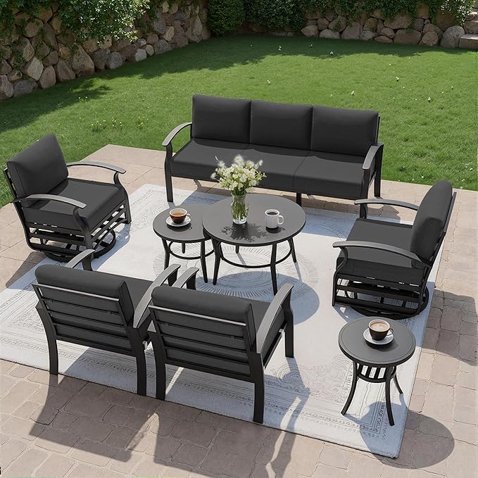 Kullavik Aluminum Patio Furniture Set with Round Coffee Tables,7-seat Metal Outdoor Sectional Furniture w/5.1" Cushions,Patio Conversation Sets with Swivel Chairs for Garden,Backyard,Porch-Black