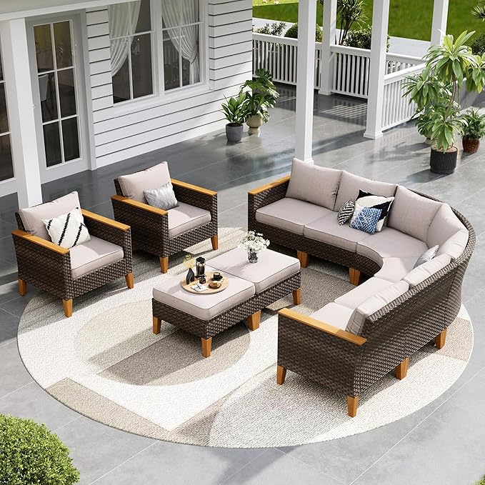 Sophia & William Outdoor Wicker Sectional Sofa Set, Half Moon Curved Patio Furniture Set with Ottman, High Back Patio Rattan Conversation Set for Porch, Garden,Pool(Beige, 10 Piece)