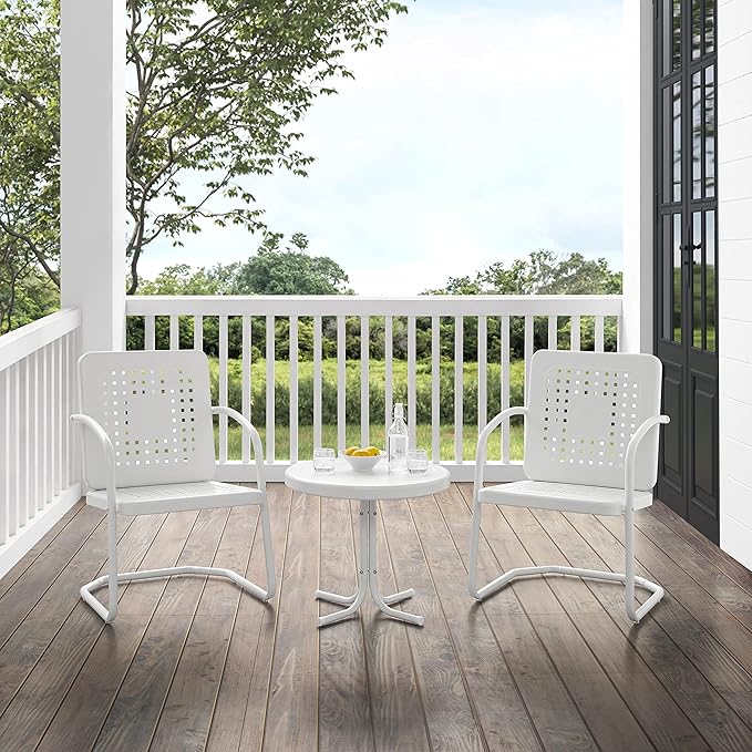 Crosley Furniture Bates 3-Piece Outdoor Chair and Side Table Set, Retro Metal Bistro Patio Conversation Sets, White Gloss and White Satin