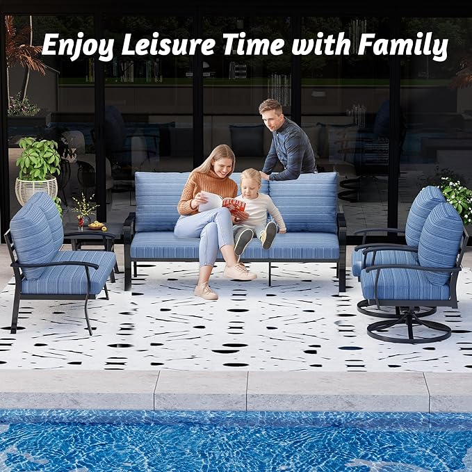 HOMREST Outdoor Furniture Thickened Cushion 360 Degree Swivel Rocking Patio Chairs and 3-Seat Sofa, Loveseat, Coffee Table, 5 PCS Metal Conversation Set for Garden, Deck and Poolside