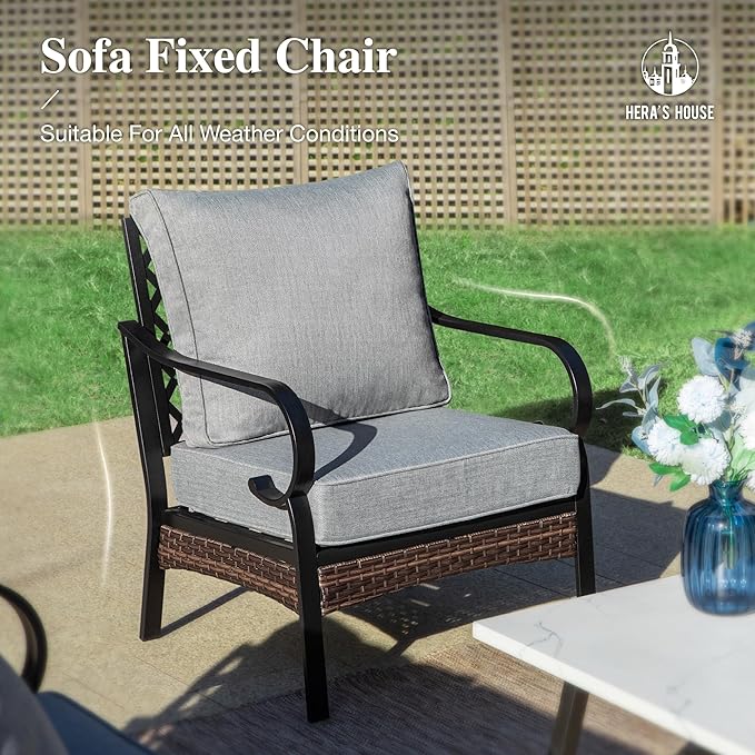 HERA'S HOUSE 5 Piece Metal Patio Furniture Set with 56" Fire Pit Table, All Weather Outdoor Conversation Set, 3 Seat Sofa with Loveseat, 2 Fixed Chairs, Seats 7 for Backyard, Garden, Deck, Grey