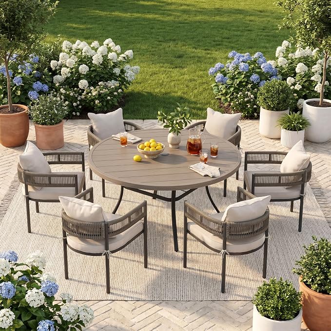 VICLLAX Patio Dining Set for 6-53" Round Table & Cushioned Wicker Seats