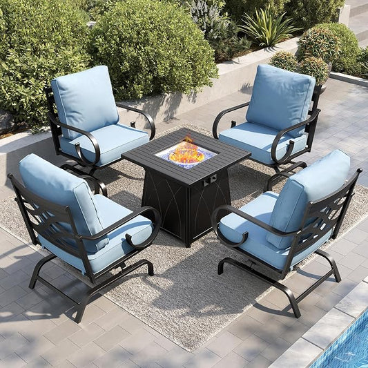 PHI VILLA Patio Furniture Set, 4 Rocking Chairs and a 28" Square Fire Pit Table, Outdoor Metal Conversation Set with 5.75" Extra Thick Cushion for Garden Backyard Deck, Blue