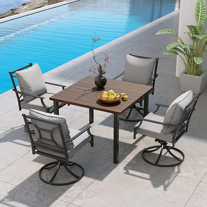 Grand patio 5-Piece Patio Dining Set for 4, E-Coated Outdoor Dining Set Swivel Patio Dining Chairs with Olefin Cushions & 1 Brown Square Faux Woodgrain Dining Table with 1.5”Market Umbrella Hole