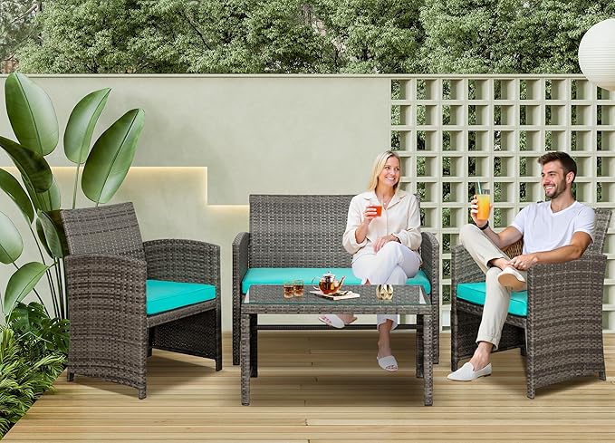 SUNLEI 4-Piece Outdoor Patio Furniture Set, Rattan Chair Wicker Conversation Set, Backyard Porch Garden Poolside Gray Rattan Sofa Set r with Cushion for Outdoor Indoor Use (Sky Blue)