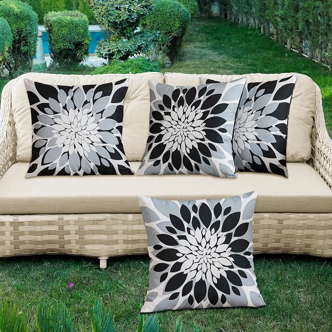 Pack of 4 Outdoor Waterproof Pillow Covers 16x16 Decorative Outdoor Throw Pillows Garden Square Cushion Cases for Patio Furniture, Couch, Tent Sunbrella, Bench, Black Grey