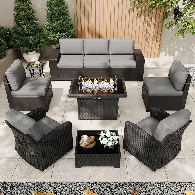 Patio Furniture Set with Fire Pit Table, 10 Pieces Outdoor All-Weather Wicker Conversation Sectional Chair Sofa Set with 2 Swivel Chairs
