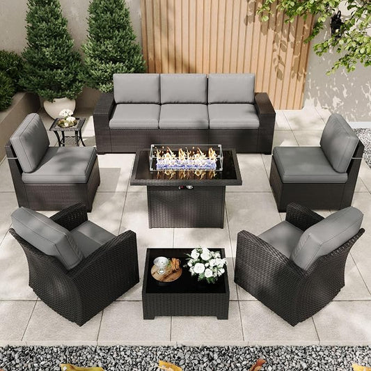 Patio Furniture Set with Fire Pit Table, 10 Pieces Outdoor All-Weather Wicker Conversation Sectional Chair Sofa Set with 2 Swivel Chairs