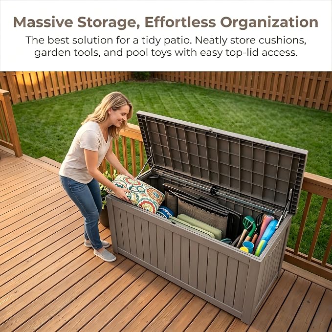 146 Gallon Deck Box, Waterproof Outdoor Storage Box, Lockable Resin Patio Storage Box for Cushions, Garden Tools & Pool Accessories, Heavy Duty Outdoor Storage Bench, Gray Brown