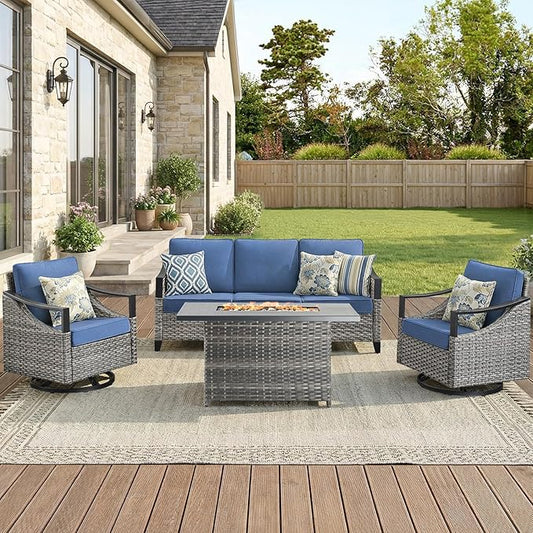 Wicker Patio Furniture Set with 42.5" Fire Pit Table-4 Pieces All Weather Wicker Outdoor Furniture with High Back Swivel Patio Chairs Set of 2 Outdoor Couch for Deck Balcony Backyard Blue/Gray