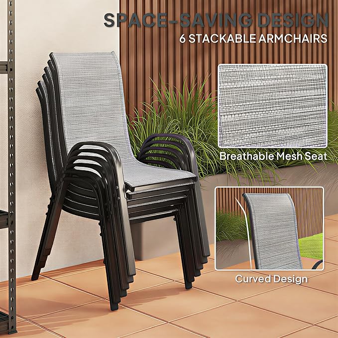Outsunny 8 Pieces Patio Table and Chairs Set with 9 Ft Patio Umbrella, Outdoor Dining Set with 4.6 Ft Dining Table and 6 Chairs, Push Button Tilt and Crank Parasol, Tempered Glass Top, Mixed Gray