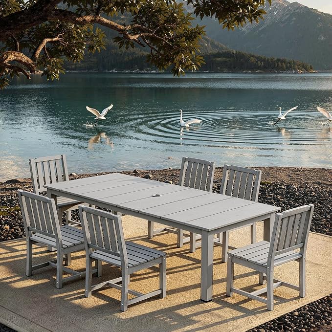 AreShark 5-Piece Outdoor Dining Set,HDPE Patio Table with 4 Armless Chairs,All-Weather Patio Furniture Set with Umbrella Hole,Low Maintenance Wood Grain Dining Set for Backyard,Garden,Poolside,White