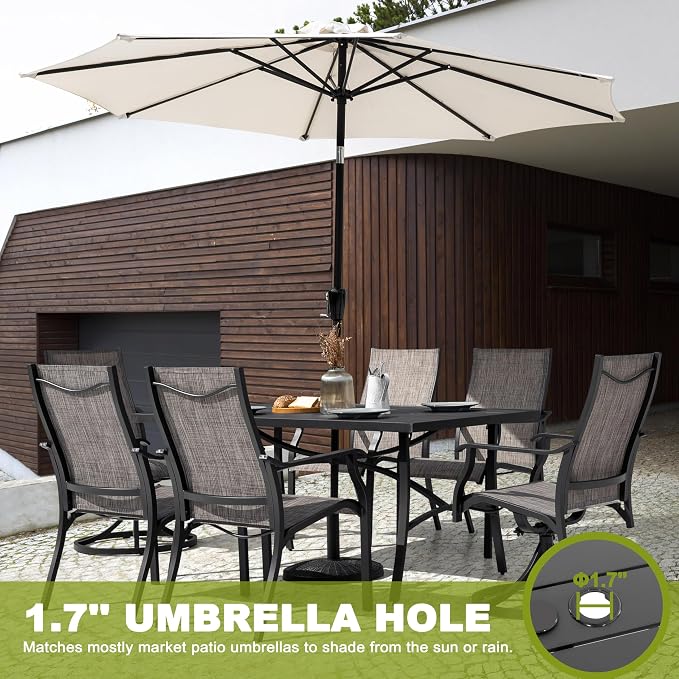 NUU GARDEN 7 Piece Outdoor Patio Dining Set, 63" x 36" Aluminum Dining Table with 1.97" Umbrella Hole, 4 Textilene Patio Chairs and 2 Patio Swivel Chairs for Garden,Backyard, Brown&Black