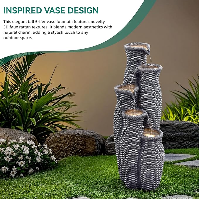 33" H Outdoor Water Fountain with Lights, 5-Tier Faux Rattan Vase Waterfall, Textured Gray Polyresin Cascading Waterfall Feature with Tranquil Oasis for Garden, Patio, Yard, Porch