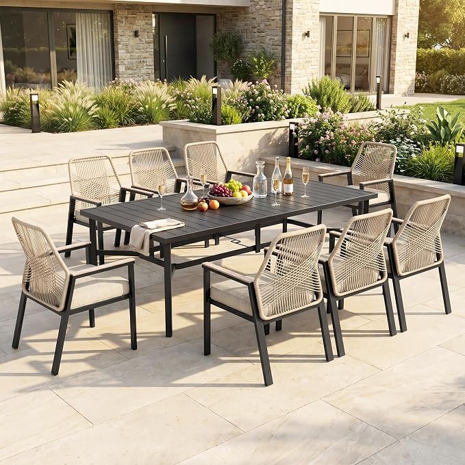 HERA'S HOUSE 9pc Patio Dining Set, Outdoor 83" Metal Table & Rattan Chairs | Rectangle table with umbrella hole, 8 cushioned chairs. Waterproof, rust-resistant, all-weather for backyard, porch.