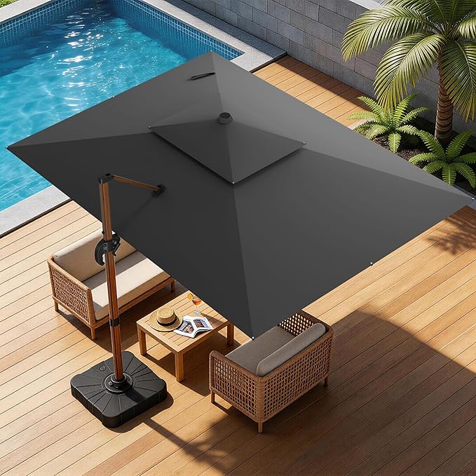 10x13FT Cantilever Outdoor Patio Umbrellas, Double Top Wood Pattern Rectangle Umbrella, Heavy Duty 360°Rotation Offset Umbrella for Garden Deck Pool Patio, Grey