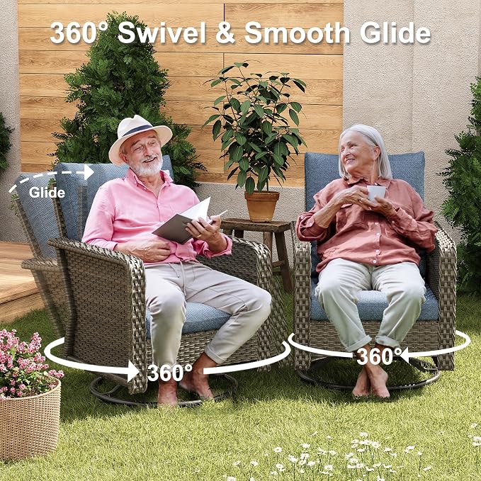 Yechen Patio Furniture Set 8 Peices with 44" Propane Gas Fire Pit Table -2 Wicker Swivel Rocking Chair, Outdoor Sectional Furniture Set with-4.3'' Cushion Conversation Sofa Set for Porch,Backyard