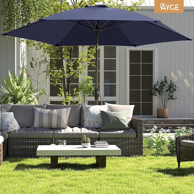 Ayge 7.5FT Large Outdoor Patio Umbrella Market Table Umbrella-UV Resistant, Easy Push Button Tilt and Crank, 6 Sturdy Fiberglass Ribs Heavy-Duty Pool Umbrella for Deck, Backyard,Garden, Yard,Navy
