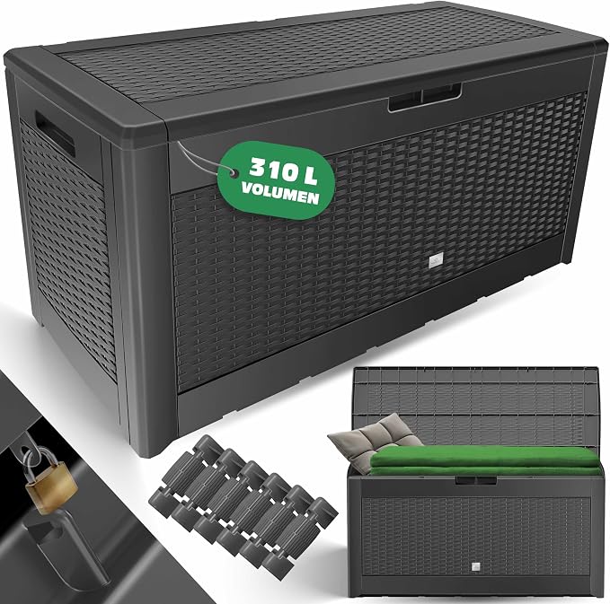 KESSER Rattan Look Garden Storage Box, 310L, Foldable Lid, 3 Handles, Wheels, Weatherproof, Easy Assembly