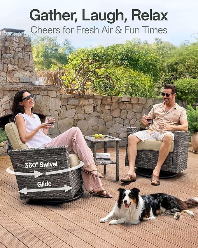 Luxury 3-Piece Patio Furniture Set with 6-Inch Thick Cushions, Outdoor Swivel Rocker Chairs and Table, Wicker Conversation Set for Porch, Deck, Balcony, Yard in Beige