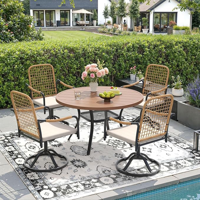 DIFY 5 Pieces Outdoor Dining Set for 4, 40.6" Round Dining Table with Umbrella Hole & Wicker Swivel Patio Chairs with Cushions, Metal Patio Table and Chairs Set for Backyard Porch Garden, Walnut