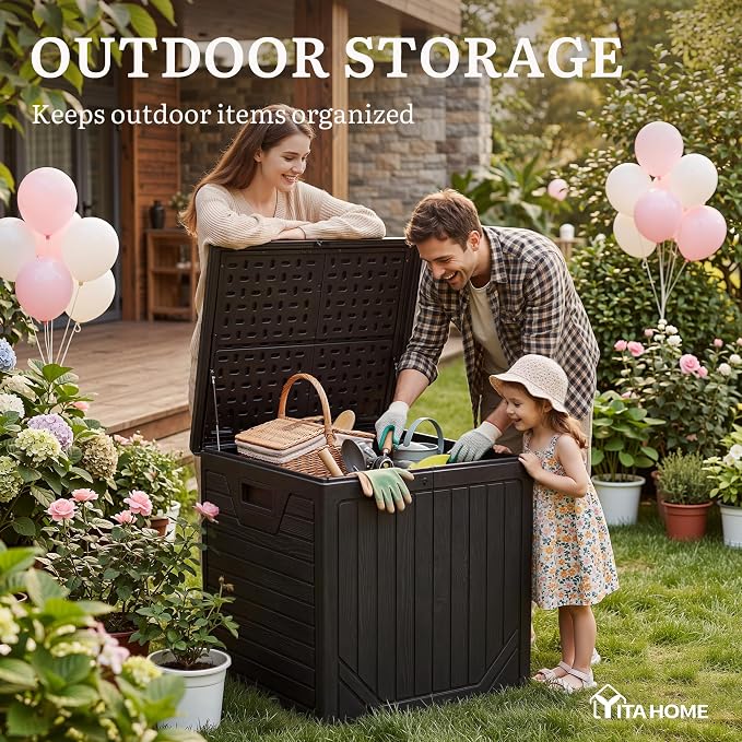 YITAHOME 150 Gallon Large Outdoor Storage Box w/Double Wall, Waterproof Deck Box with Hydraulic Piston for Garden Tools, Pool Accessories & Cushions, Resin Deck Organizer with Bench Seat(Black)